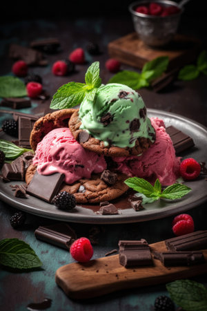 Chocolat cookies new york style with chips and berries and ice creamの素材