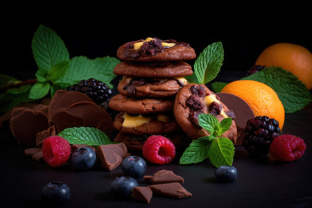 Chocolat cookies new york style with chips and berries and ice creamの素材