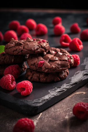 Chocolat cookies new york style with chips and berries and ice creamの素材