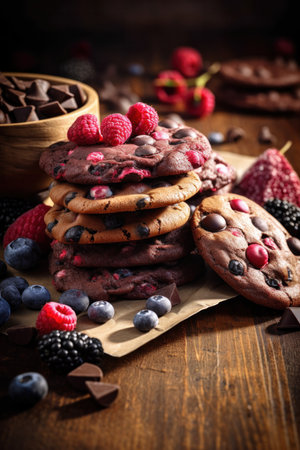 Chocolat cookies new york style with chips and berries and ice creamの素材