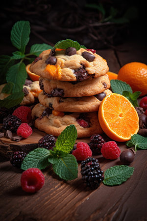 Chocolat cookies new york style with chips and berries and ice creamの素材