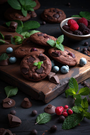 Chocolat cookies new york style with chips and berries and ice creamの素材
