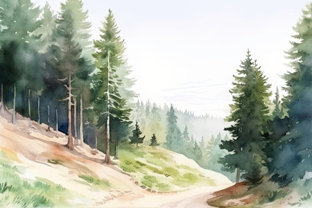 High mountains landscape with winding lonely road and treesの素材