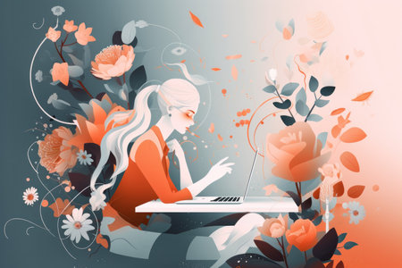 Illustration of young, intellectual and elegant woman working with your computer in a flowery officeの素材