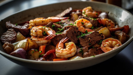 mix of dishes with shrimp, prawn and meat with veggies or cheese and different types of pastaの素材