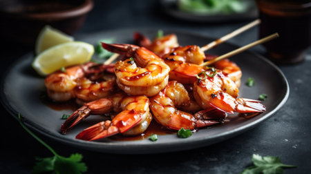 different types of healthy kitchen recipes with shrimps and prawns in different saucesの素材