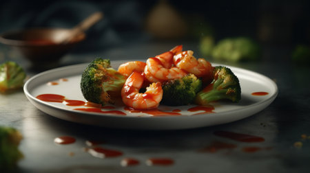 different types of healthy kitchen recipes with shrimps and prawns in different saucesの素材