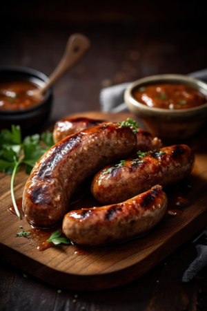 Collection of different types of German pork and veal sausages with mustard sauceの素材