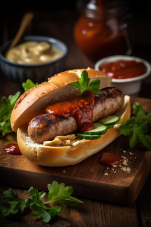 Collection of different types of German pork and veal sausages with mustard sauceの素材
