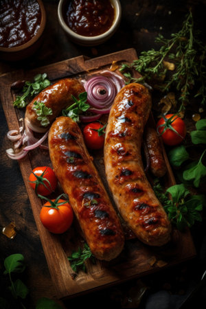 Collection of different types of German pork and veal sausages with mustard sauceの素材