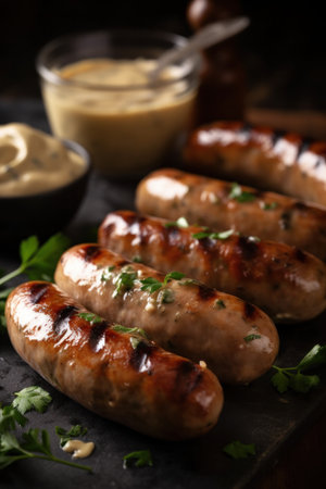 Collection of different types of German pork and veal sausages with mustard sauceの素材