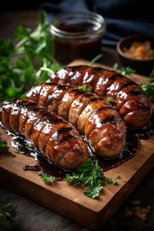 Collection of different types of German pork and veal sausages with mustard sauceの素材