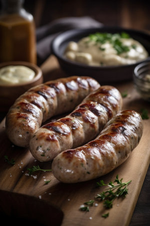 Collection of different types of German pork and veal sausages with mustard sauceの素材
