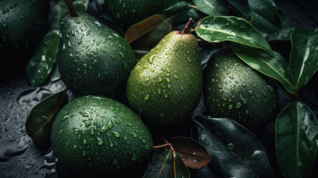 Lot variety of fresh fruits on top view with water drops for poster, see the entire collection.の素材