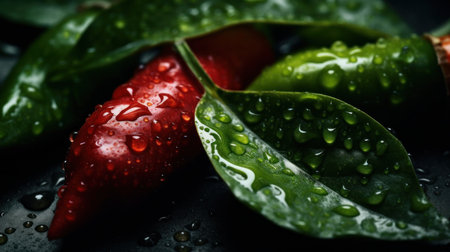 Lot variety of fresh fruits on top view with water drops for poster, see the entire collection.の素材