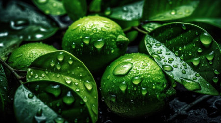 Lot variety of fresh fruits on top view with water drops for poster, see the entire collection.の素材
