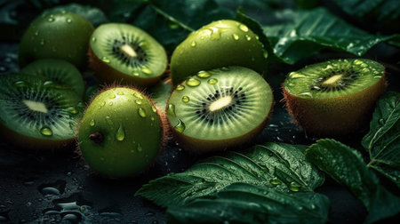 Lot variety of fresh fruits on top view with water drops for poster, see the entire collection.の素材