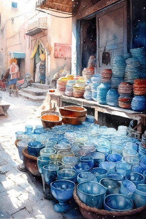 Light watercolor illustrations of markets, cities, streets in different part of the worldの素材