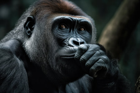 some different gorilla portraits in forest, sitting or eating herbs and fruitsの素材