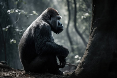 some different gorilla portraits in forest, sitting or eating herbs and fruitsの素材