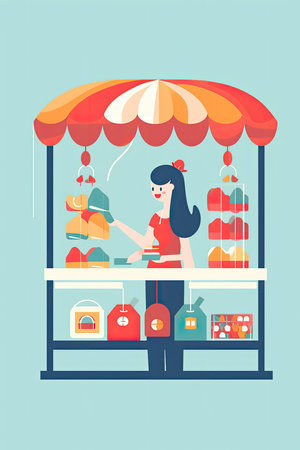 a young woman buying and paying some stuff in a market stall, colorfull palette illustration on hight qualityの素材