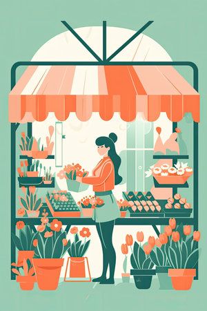 a young woman buying and paying some stuff in a market stall, colorfull palette illustration on hight qualityの素材