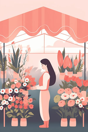 a young woman buying and paying some stuff in a market stall, colorfull palette illustration on hight qualityの素材