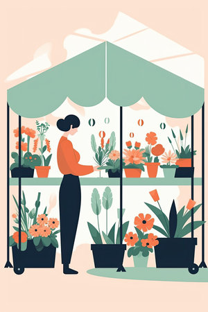 a young woman buying and paying some stuff in a market stall, colorfull palette illustration on hight qualityの素材