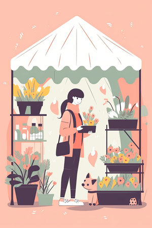 a young woman buying and paying some stuff in a market stall, colorfull palette illustration on hight qualityの素材