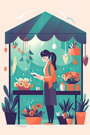 a young woman buying and paying some stuff in a market stall, colorfull palette illustration on hight qualityの素材