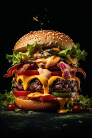 colorful yummy big beef burger whit lettuce, tomato, onion, pickles, fried egg, bacon with melted cheeseの素材