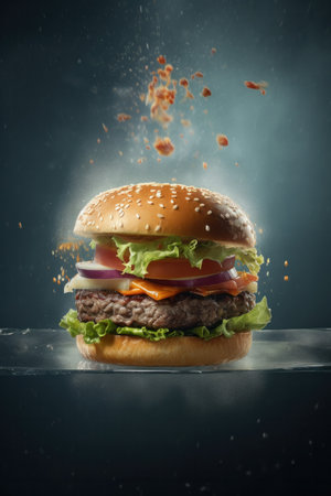 colorful yummy big beef burger whit lettuce, tomato, onion, pickles, fried egg, bacon with melted cheeseの素材