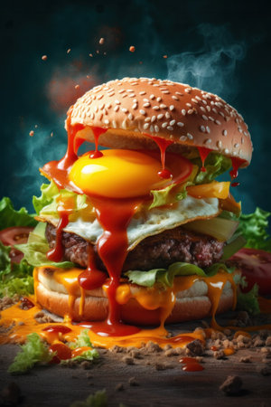 colorful yummy big beef burger whit lettuce, tomato, onion, pickles, fried egg, bacon with melted cheeseの素材