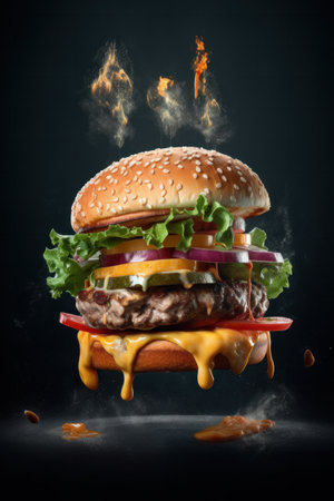 colorful yummy big beef burger whit lettuce, tomato, onion, pickles, fried egg, bacon with melted cheeseの素材