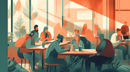 Colorful illustration of a group of tech people working with computers and laptops on a coffee Internet shopの素材