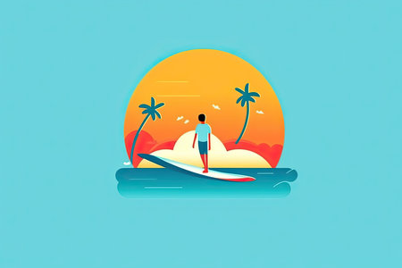 Light colorful watercolors of a surfer in a sunset on california or hawaii beach with wavesの素材