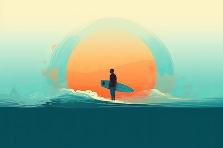 Light colorful watercolors of a surfer in a sunset on california or hawaii beach with wavesの素材