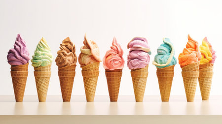 different flavors and types of ice cream scoops and conesの素材