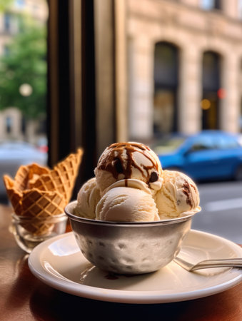 different flavors and types of ice cream scoops and conesの素材