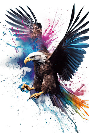 kingfisher, bald eagle and parrot in colorful exploding paint drops illustrationの素材