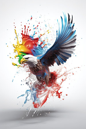 kingfisher, bald eagle and parrot in colorful exploding paint drops illustrationの素材