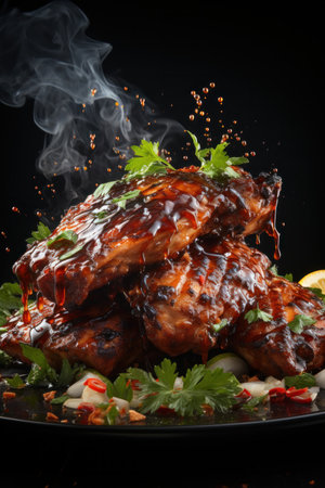 grilled chicken wings with honey garlic sauce with herbs on wooden table ready to eatの素材