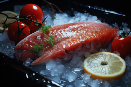Tuna and salmon steaks served on a wooden board with ice and vegetablesの素材