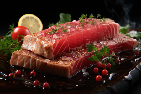 Tuna and salmon steaks served on a wooden board with ice and vegetablesの素材