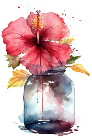 Beautiful watercolors of glass vases with different types of flowers on a white background for paintings and postersの素材