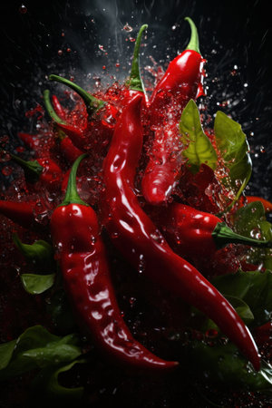 Fresh red hot peppers sprinkled with water drops on black background for making chili sauceの素材