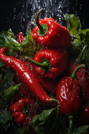 Fresh red hot peppers sprinkled with water drops on black background for making chili sauceの素材