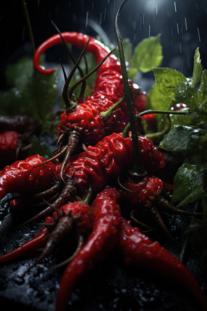 Fresh red hot peppers sprinkled with water drops on black background for making chili sauceの素材