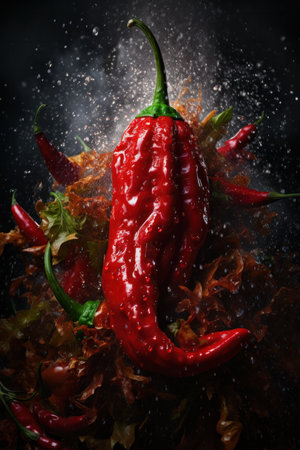 Fresh red hot peppers sprinkled with water drops on black background for making chili sauceの素材