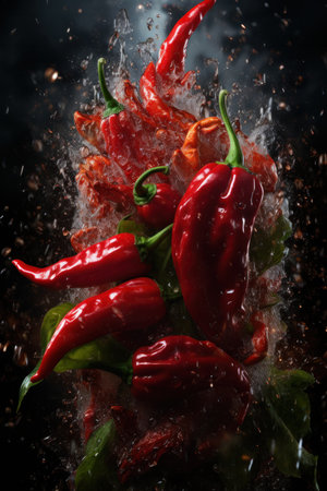 Fresh red hot peppers sprinkled with water drops on black background for making chili sauceの素材